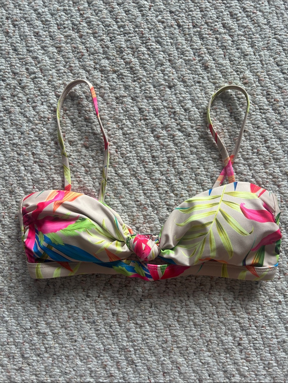 Kids Tropical Floral Bikini Top - Beige with Neon Accents